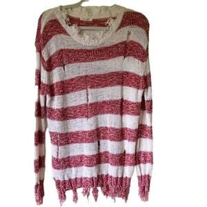 Women's Red and White Striped Distressed Long Sleeve Sweater Medium